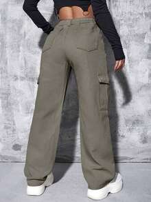 SHEIN ICON Celana Kargo Denim Washed Kasual Ukuran Besar dengan Pinggang Elastis - Hijau Tentara - View 2