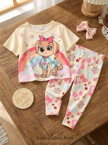 Cozy Pixies 2pcs Baby Girl Animal Print Knit Soft Round Neck Short Sleeve Top And Elastic Waist Pants Set - Multicolor - View 2