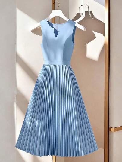 Franclia Women's V-Neck Pleated Waist Sleeveless Casual Flared Dress, Spring/Summer