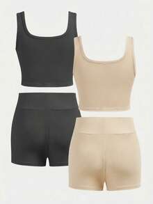 SHEIN Girlism 少女修身休闲圆领背心和骑行短裤多件套 - 深灰色 - 查看 2