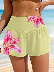 Swim Lushoire 女士宽松百合花印花口袋沙滩短裤，适合夏季度假，女士夏季短裤泳装短裤，女士春季短裤，女士短裤套装，女士度假夏季服装，女士沙滩装，女士休闲短裤，女士冲浪短裤 - 黃色 - 查看 4