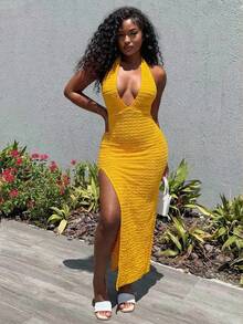 SHEIN BamGlam 2026 Nuevo vestido largo de moda para mujer, escote en V profundo, diseño de abertura alta, tela texturizada, estilo de vacaciones, adecuado para playas y fiestas. - Amarillo - Ver 3