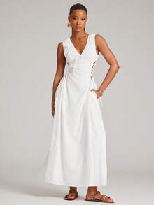 NYA SZN V领侧边蕾丝长裙 - 白色 - 查看 4