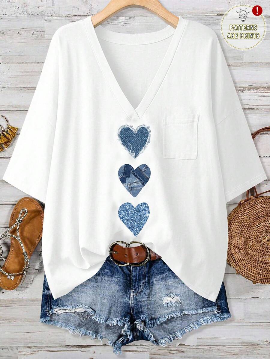 EMERY ROSE Plus Size Casual  Heart Texture Print T-Shirt, Suitable For Summer,Flower/Vacation/Spring - Multicolor - View 1