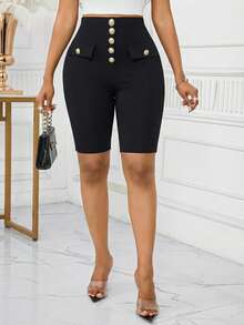 SHEIN Lady Quần short nữ cạp cao cài nút, kiểu dáng thường ngày đa năng. - màu đen - Xem 8