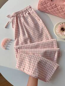 Comfortcana Women's Belted Plaid Wide Leg Loose Casual Pants - Pink - View 1