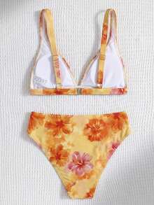 SHEIN Tween Girls' Summer Ditsy Floral Camisole Bikini And Triangle Panty Swimsuit Set, Beach Holiday - Coral Orange - View 2