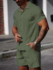 Manfinity CasualCool Men's Casual Button-Down Short Sleeve Shirt Set - Army Green - View 5