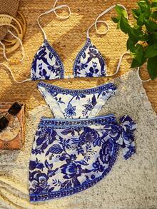 Swim Vcay Bikini Segitiga Halter dan Rok Pantai Motif Cetak untuk Liburan Pantai Musim Panas Wanita - MultiWarna - View 6