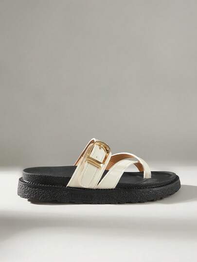 Solecia New Fashion Metal Buckle Decor, Open Toe, Platform Thick Sole Slippers, Fashionable Slides, Comfortable Non-Slip, Versatile & Easy To Clean Beach Sandals, Suitable For Daily Wear