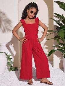 Tween Girl Casual Red Textured Jumpsuit - Red - View 2
