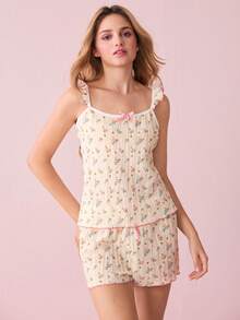 Bonmuse Women's Ditsy Floral Pajamas Set, Including Backless Camisole Top With Frilled Edges And Loose Belted Shorts - Yellow - View 4