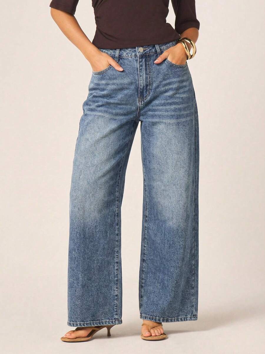 SHEIN Tall 女士时尚阔腿直筒口袋牛仔裤 - 彩色 - 查看 1