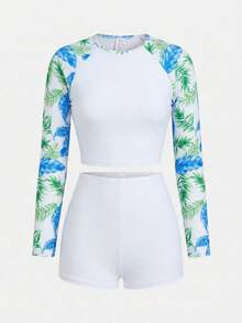 SHEIN 少女插肩袖热带植物印花上衣和短裤泳衣套装 - 粉色 - 查看 3