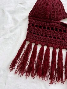 Soleia 女士假日串珠露背流苏针织上衣，适合度假、约会、下午茶、海滩、邮轮、公路旅行、婚礼季、音乐节、波西米亚风假期等场合。 - 酒紅色 - 查看 5