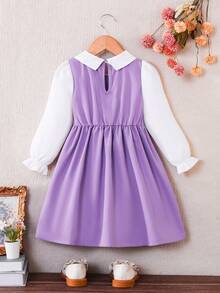 SHEIN Elladie kids 女童藏蓝色彼得潘领双排扣褶裥下摆长袖两用连衣裙，适合休闲、优雅、通勤、校园等场合。 - 淡紫色 - 查看 2