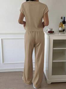 SHEIN EZwear Conjunto de punto informal de color caqui para mujer, primavera/verano - Caqui - Ver 2