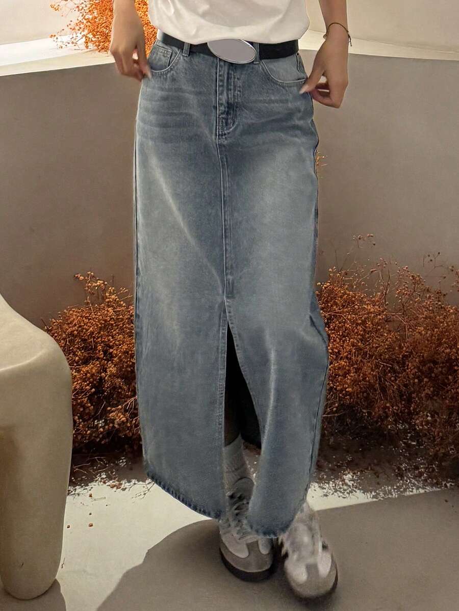 DAZY 韩版女式破洞牛仔迷你裙 - 藍色 - 查看 1