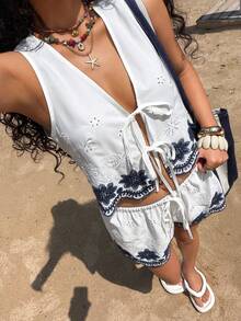 SHEIN EZwear 女士撞色复古刺绣无袖上衣和短裤套装 - 白色 - 查看 6