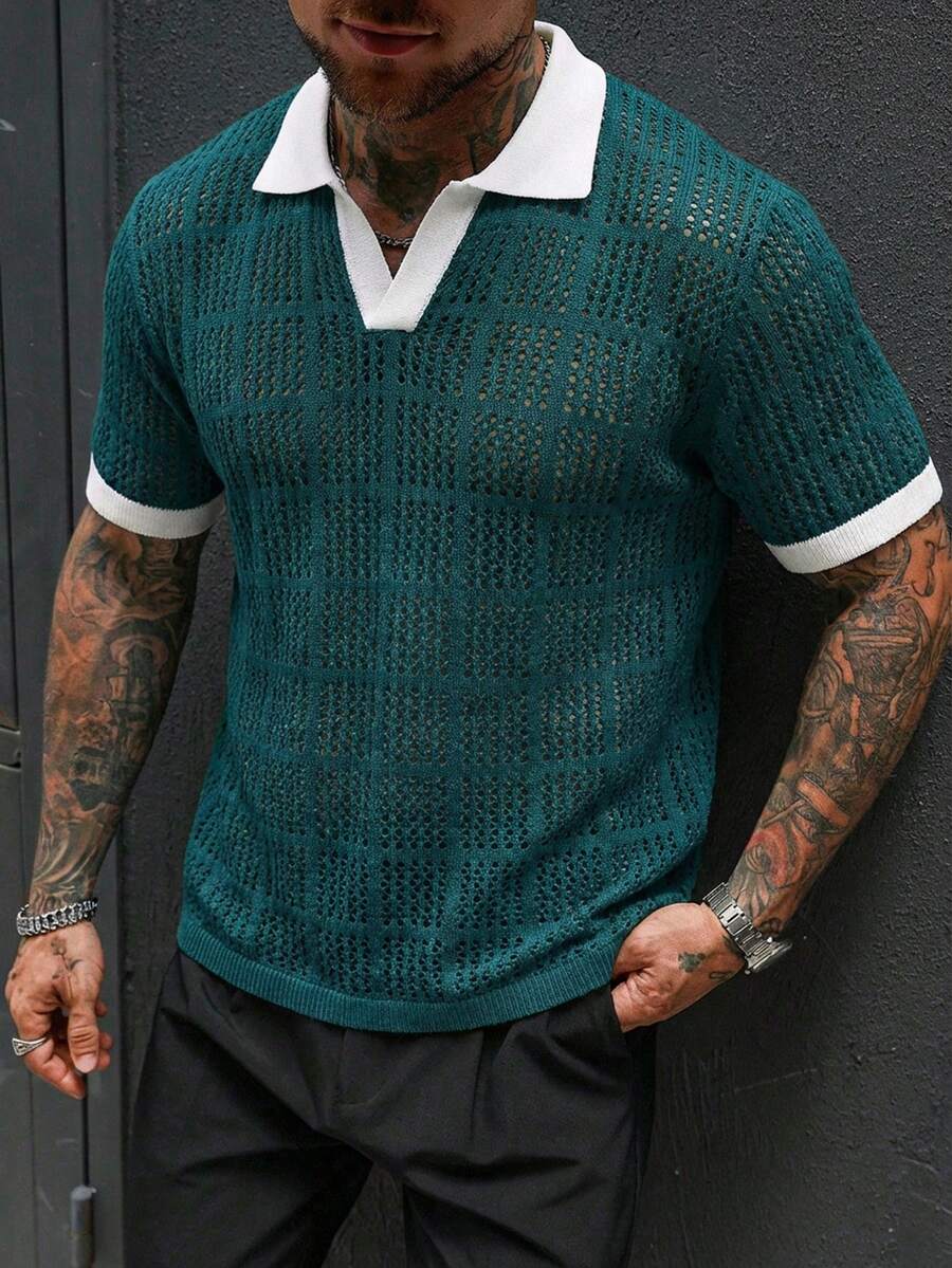 Manfinity Homme Camiseta de punto de manga corta con contraste, malla hueca y casual de verano para hombres - Verde - Ver 1