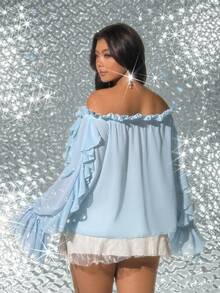 Viva Relle 大码露肩系带荷叶边优雅浅蓝色衬衫 - 藍色 - 查看 5