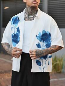 Devon Thys 中国风青花瓷花卉水彩图案男士休闲短袖满印花衬衫 - 白色 - 查看 6