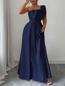 Elenzga Plus Size Women's Asymmetric Asymmetrical Shoulder Romantic Dress With Plus Size Bow Waist Tie, Suitable For Party, Wedding Guest, Bridesmaid, Autumn/Winter Women Elegant Outfits Where To Buy Evening Dresses Women's Dress Formal Wear Women Dresses Elegant Classic Bridesmaid Gown For Wedding - Navy Blue - View 4
