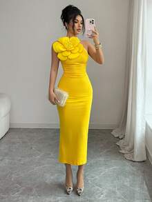 Rafferiza Women's Oblique Shoulder Ruched Fitted Bodycon Elegant Dress Women Party Dress Women Elegant Outfits Beautiful Dresses For Woman Latest Dress - Yellow - View 3