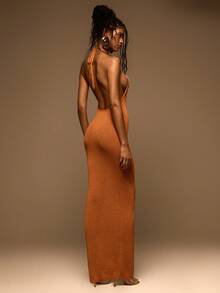 MUSERA Sequin Knit Halterneck Fitted Maxi Dress Spring Summer Elegant Vacation Holiday Ibiza Club Occasion Sexy Evening Wedding Guest Sunset Kiss - Yellow - View 4