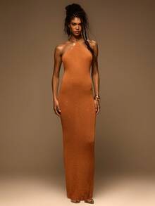 MUSERA Sequin Knit Halterneck Fitted Maxi Dress Spring Summer Elegant Vacation Holiday Ibiza Club Occasion Sexy Evening Wedding Guest Sunset Kiss - Yellow - View 5