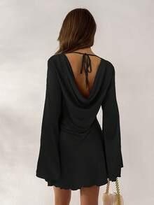 Vestido de manga larga con cuello drapeado, espalda descubierta, elegante, sexy y romántico, de color verde claro sólido, adecuado para citas y tardes de té - Negro - Ver 2