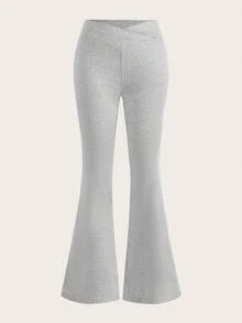 SHEIN Tall 女士两件套黑色和灰色交叉腰部修身休闲喇叭裤套装，适合外出穿着，秋季服装，冬季服装，女士运动服 - 黑色 - 查看 3