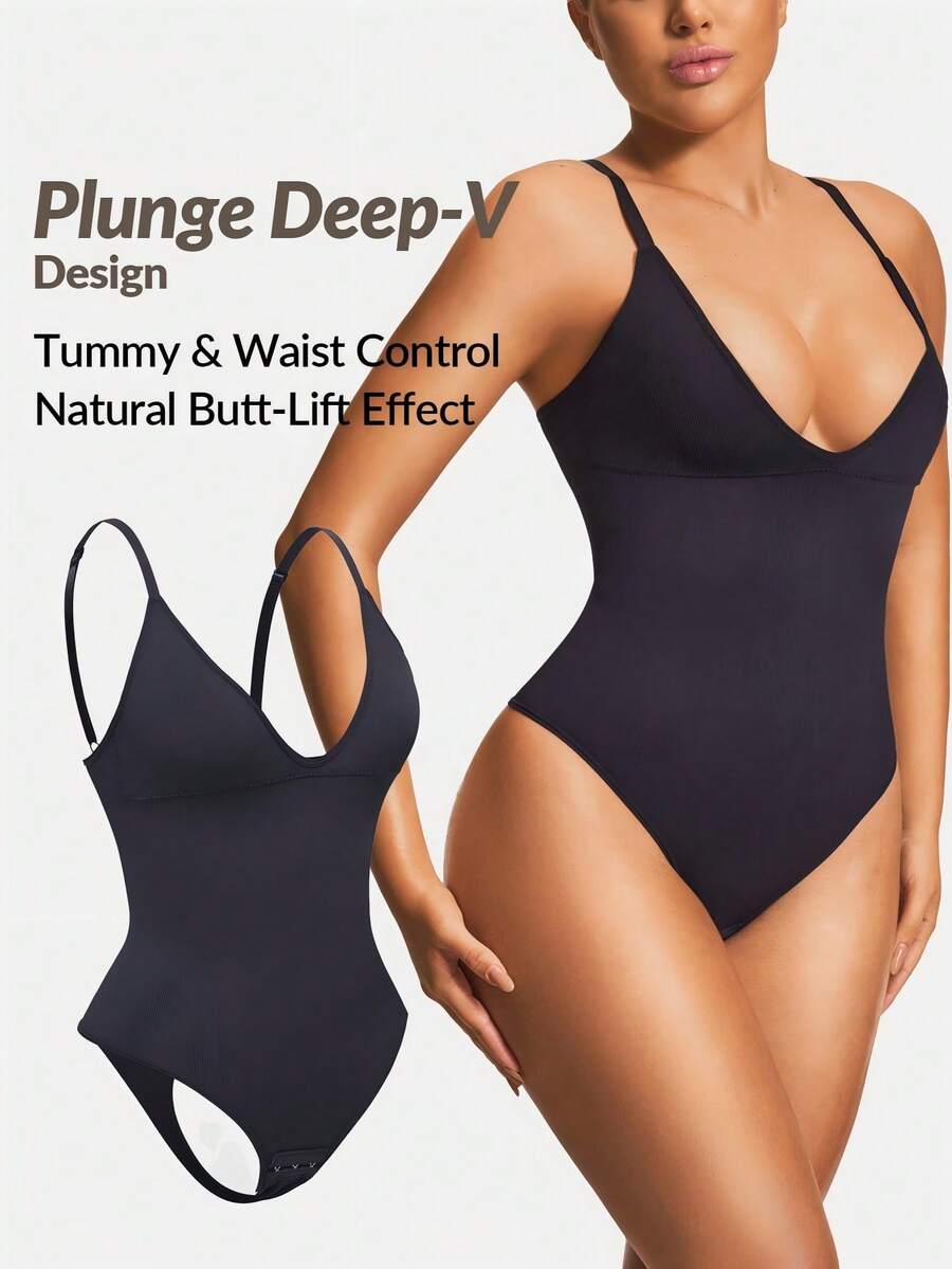 SHAPORA 女士纯色深 V 领吊带背心 - 黑色 - 查看 1