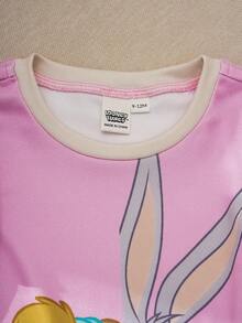 LOONEY TUNES X SHEIN Baby Girl Summer Casual Contrast Trim Rabbit Print Short Sleeve T-Shirt And Pants Pajama Set - Pink - View 3