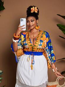 Maweii Plus Size Women's Blue,Autumn,Boho,Vacation,Holiday Tropical Floral Print Deep V-Neck Cinched Waist Bow Tie Decor Blouse,Fashionable Beach Party Top - Multicolor - View 5