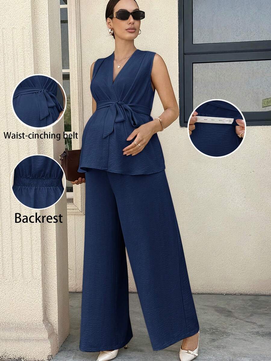 MaterniWear 孕妇纯色V领无袖休闲夏季两件套 - 藍色 - 查看 1