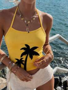 INAWLY Camiseta de tirantes con cuello halter y estampado de color contrastante para mujer - Amarillo - Ver 3