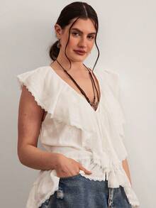 Freevana Bohemian Style White Lace Sleeveless Blouse, V-Neck Drawstring Ruffle Hem Tassel Shirt, Relaxed Loose Flattering Niche Design Top - White - View 4