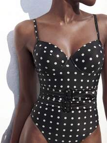 Maija Women's Polka Dot Print Camisole One Piece Swimsuit Vintage Swimsuit Polkadot Bikini Polka Dot Swimsuit Polka Dots Bathing Suit Bathing Suits For Women Polka Dot Women's Swimsuits Women's Bathing Suit Full Coverage Polka Dot Swimsuit One Piece One Piece Swimsuit Women - Black - View 7