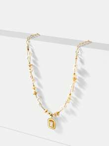 MOTF PREMIUM 欧美时尚淡水珍珠拼接十字项链，女士设计感十足的金属缠绕珍珠手链时尚项链 - 彩色 - 查看 4