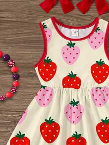 SHEIN Sweet Summer Strawberry Print Dress, Vacation Style, Red Patchwork, Young Girl Casual Minimalist Sleeveless Midi Dress, Suitable For Summer Easy Comfort, Casual Wear SS, Girl Trip, Vacay Vibes, Whimsical, Vacation Kidswear, Young Girl Daily Fashion Girl Strawberry Dress Girl Dress Summer Strawberry Dress Kids Summer Dress For Girls Girls Strawberry Print Dress - Multicolor - View 4