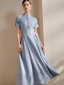 Anewsta 优雅女士连衣裙，度假装扮连衣裙，简约通勤休闲半高领插肩短袖收腰喇叭形牛仔效果蓝色连衣裙 - 藍色 - 查看 2