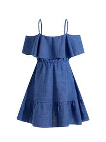 Ellevyn 女士新款时尚优雅露肩袖高端显瘦荷叶边迷你连衣裙，适合度假、日常穿着、聚会、下午茶等多种场合，夏季连衣裙 - 藍色 - 查看 6