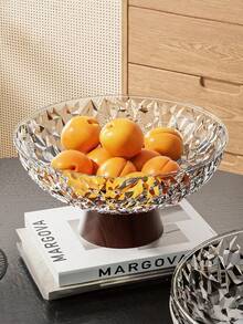 Large Capacity Fruit Plate, Living Room Party Candy Dish, Dessert Plate, Snack Plate, Reusable Faux Wood Grain Base, Drain Hole, Shockproof - Transparent White With Wood Grain Base - View 1