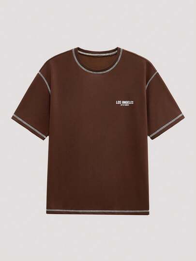 Open Phase 男士休闲纯色洛杉矶英文字母印花撞色缝线略宽松圆领T恤