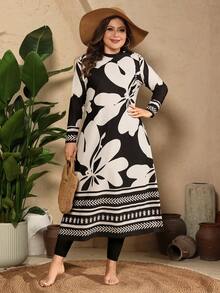 Swim Mulvari Bộ đồ bơi 3 món dành cho nữ cỡ lớn, in họa tiết ngẫu nhiên, gồm áo chống nắng dài tay và bộ burkini kín đáo. - màu đen - Xem 1