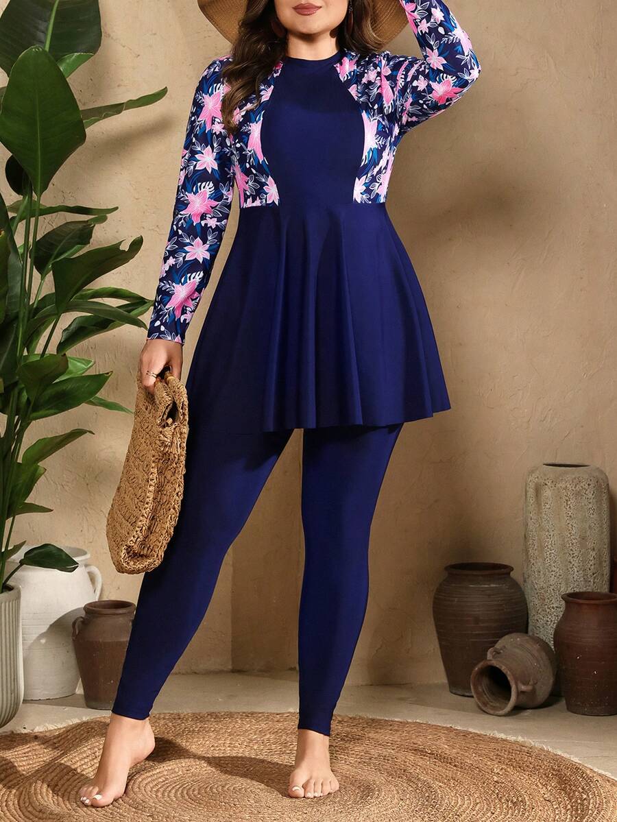 Swim Mulvari 大码女式两件套泳衣，印花拼接藏蓝色长袖长裤，沙滩度假布基尼 - 彩色 - 查看 1