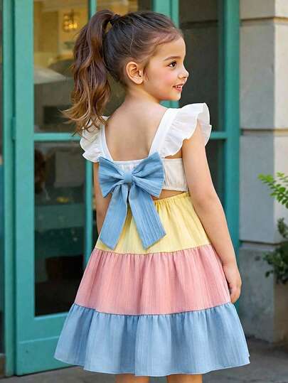 1pc Girls' Summer New Korean Fashion Flutter Sleeve Color Block Cake A-Line Hollow Design Detachable Big Bow Vacation Cute Macaron Dress