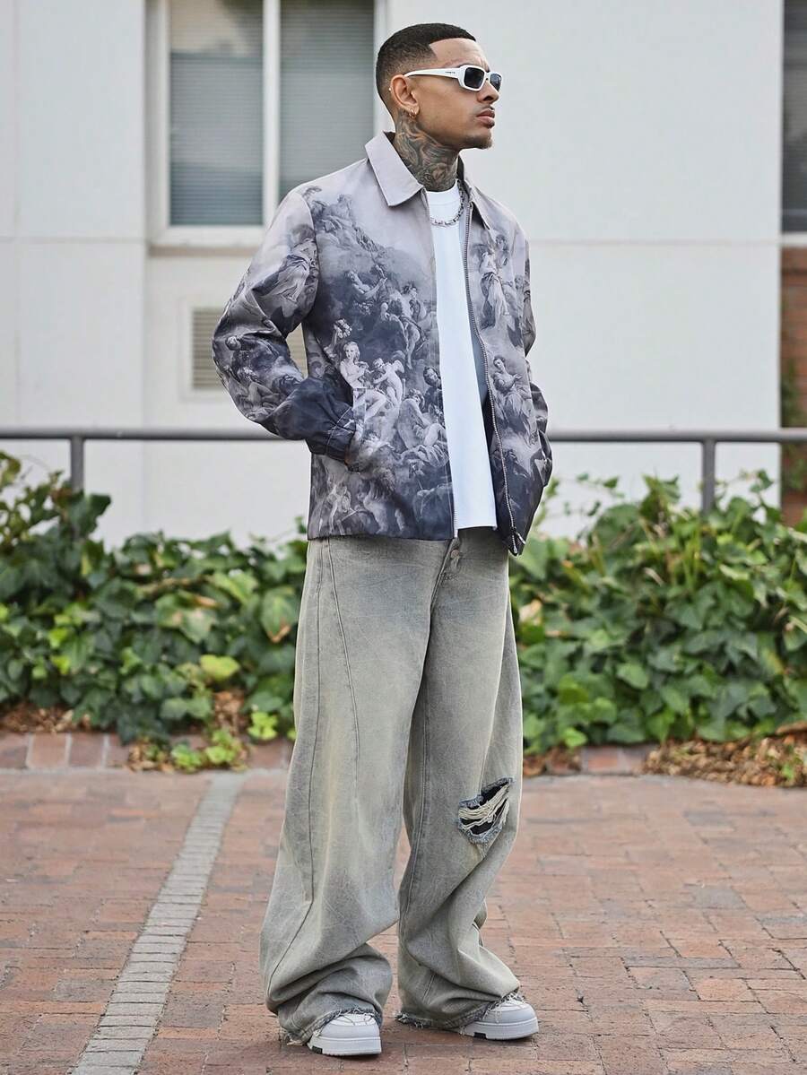 Devon Thys 男士休闲图案印花拉链前开襟夹克,适合秋季外出街头穿着,图案长袖天使轻便夹克,适合朋友、丈夫、男朋友的礼物,适合秋季 - 彩色 - 查看 1