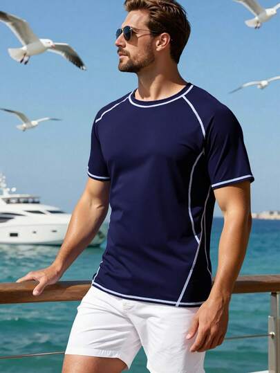 ZELFYO טופ עם שרוולים קצרים וצווארון עגול לגברים, בגדי ים קז'ואל רב-תכליתיים לחופשת חוף